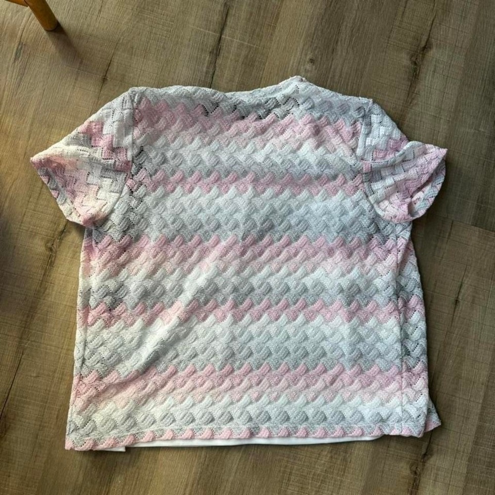 Y2K Alfred Dunner Crochet Twofer Women's Size Medium Pink Gray White Stripe Boho - Picture 4 of 7